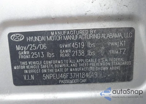 2007 Hyundai Sonata Limited/Se V6 z USA, uszkodzony, nr VIN 5NPEU46F37H184019